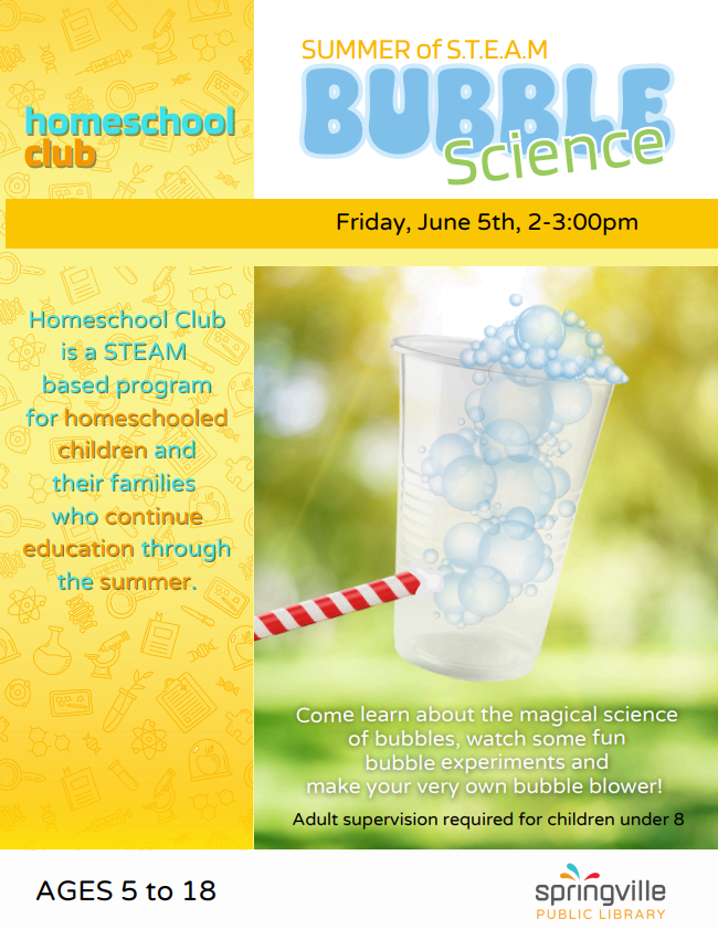 Homeschool Club Bubble Science Friday June 5th, 2 to 3 pm, ages 5-8