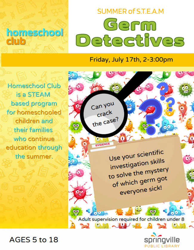 Homeschool Club Germ Detectives, Friday July 17th 2-3pm, Ages 5-18