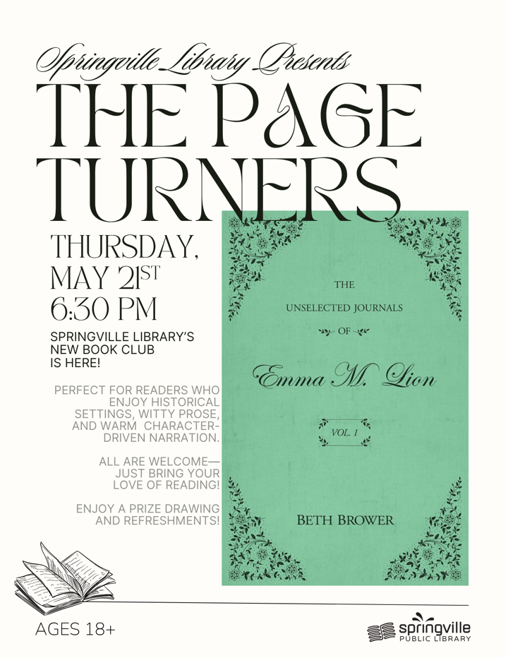 The Page Turners Flier
Thursday, May 21st at 6:30pm
Adult