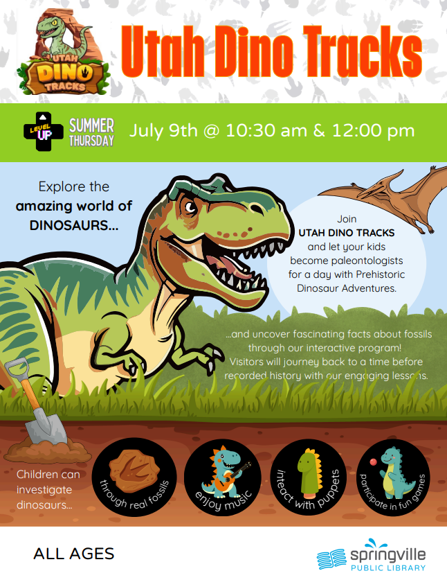 Utah Dino Tracks July 9th at 10:30am and 12:00pm All Ages
