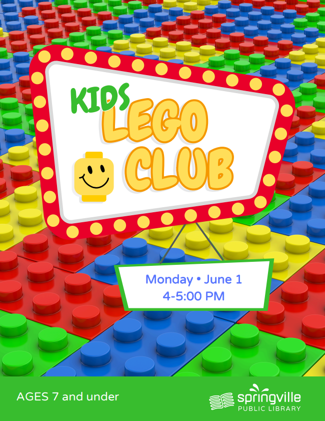 Kids Lego Club
June 1st, 4-5 pm.  Ages 7 and under.
