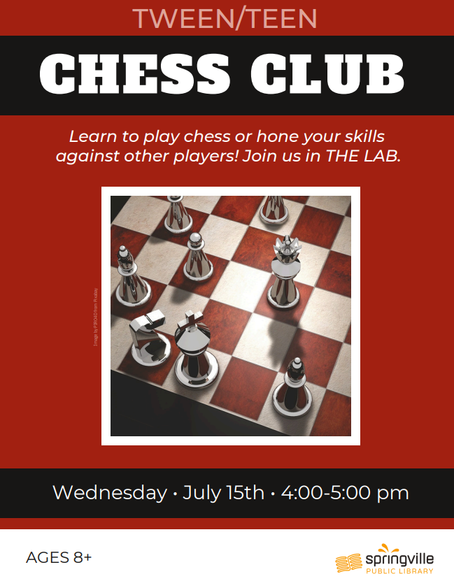 Tween/Teen Chess Club
Wednesday, July 15th 4-5pm
Ages 8+
