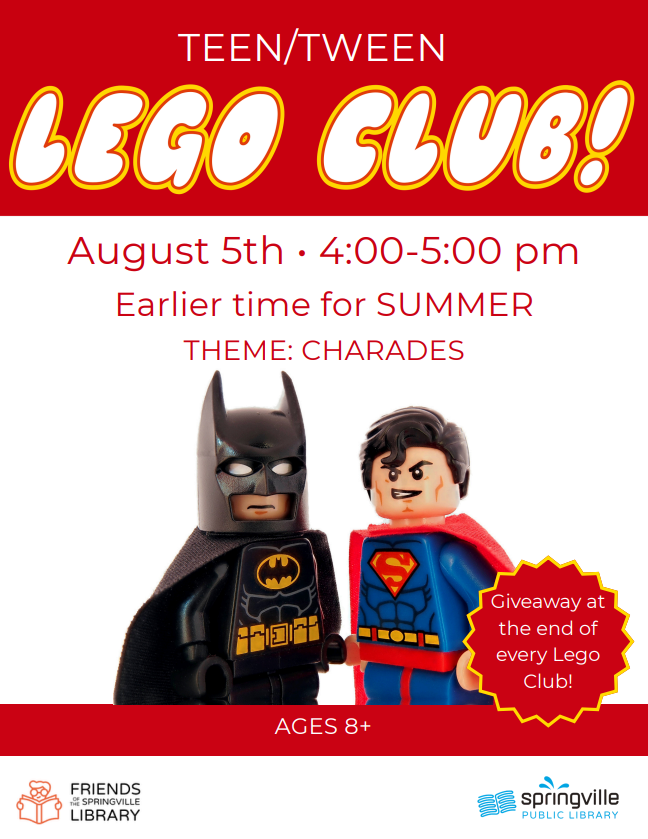 Teen/Tween Lego Club

Wednesday, August 5th 4:00-5:00pm

Ages 8+