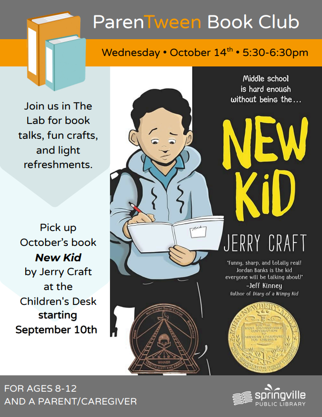 ParenTween Book Club
Wednesday, October 14th, 5:30-6:30pm
Ages 8-12 & a parent
