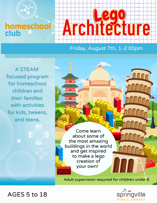Homeschool Club: Lego Architecture August 7th 1-2pm. Ages 5-18.