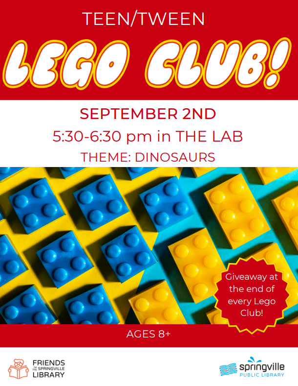 Lego Club
Wednesday, September 2nd, 5:30-6:30pm
Ages 8+
