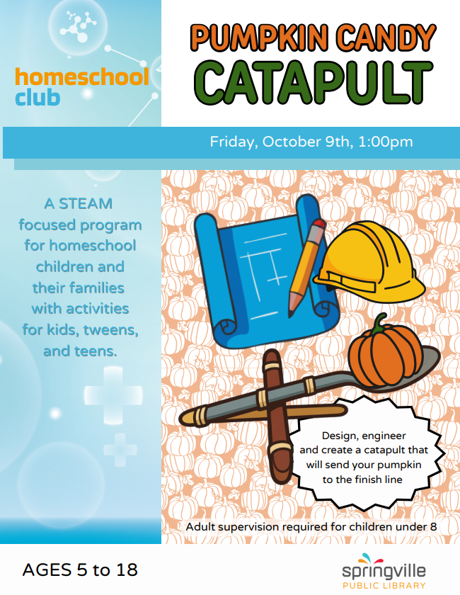Homeschool Club: Pumpkin Candy Catapult - October 9th at 1pm - Ages 5-18.