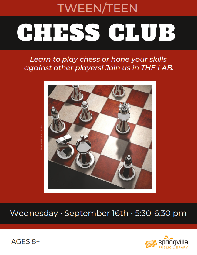 Tween/Teen Chess Club - September 16th 5:30pm to 6:30pm