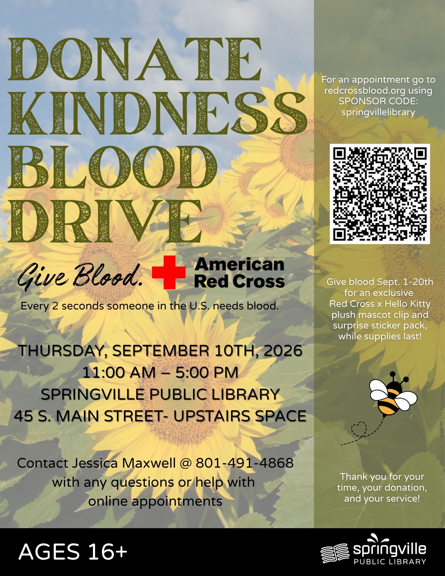 Springville Public Library blood drive on Thursday, September 10, 2026, from 11 a.m. to 5 p.m. at 45 S. Main Street. Ages 16 and older. Appointments available through Red Cross Blood using sponsor code springvillelibrary.