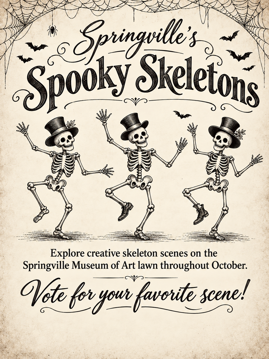 Springville's Spooky Skeletons flyer featuring three dancing skeletons and inviting visitors to explore skeleton scenes and vote for their favorite