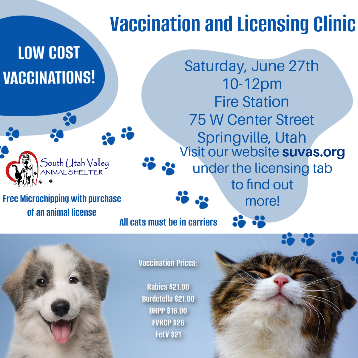 Promotional flyer for a South Utah Valley Animal Shelter Vaccination and Licensing Clinic. The clinic is Saturday, June 27 from 10:00 AM to 12:00 PM at the Springville Fire Station, 75 West Center Street, Springville, Utah. The flyer advertises low cost vaccinations, free microchipping with the purchase of an animal license, and notes that all cats must be in carriers. Vaccination prices listed are Rabies $21, Bordetella $21, DHPP $16, FVRCP $26, and FeLV $21. The flyer includes images of a puppy and a cat, paw prints, and the South Utah Valley Animal Shelter logo.