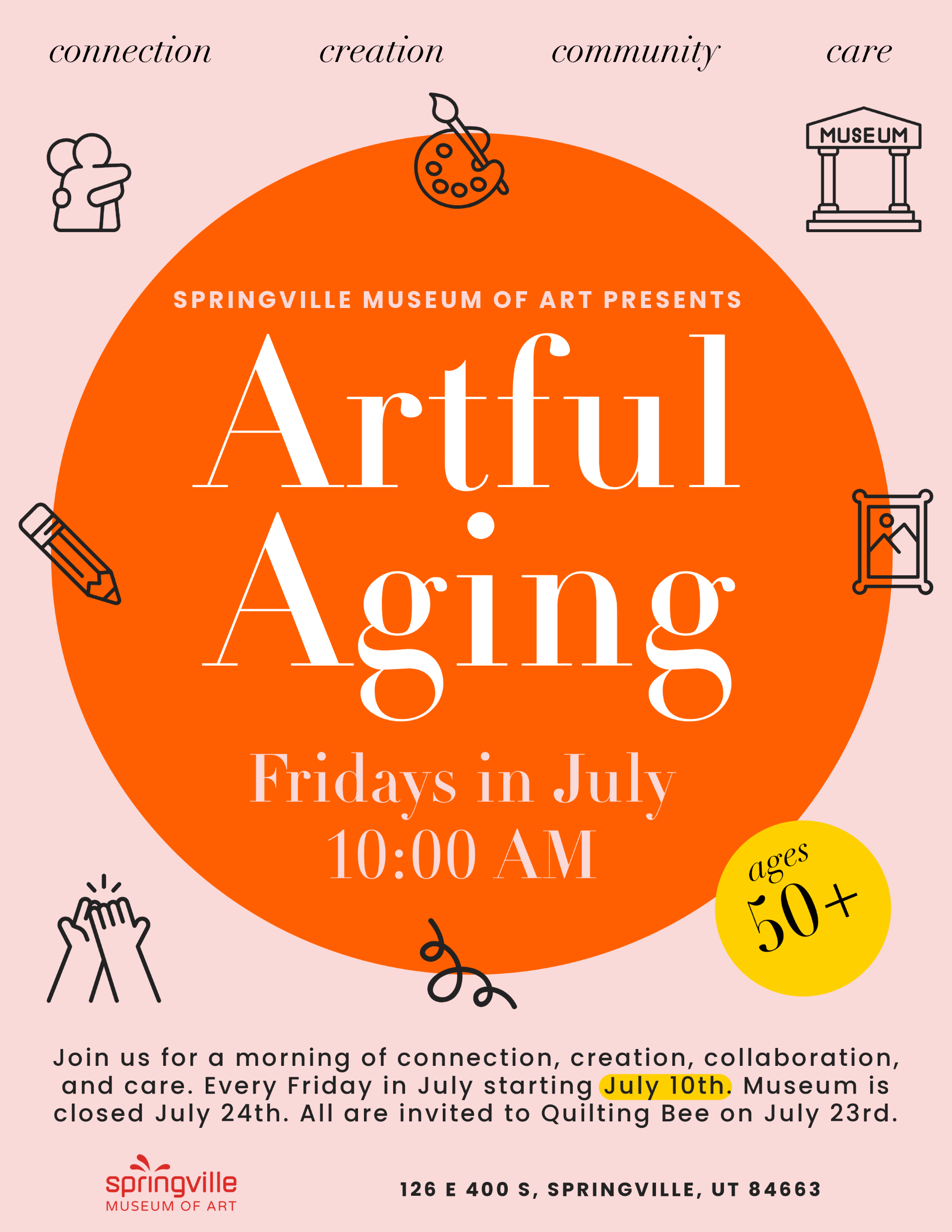 Artful Aging flyer promoting free Friday morning art and community activities at the Springville Museum of Art for ages 50+.