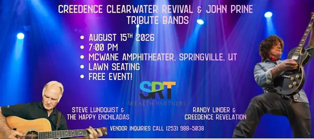 Poster for a Creedence Clearwater Revival and John Prine tribute concert at McWane Amphitheater.