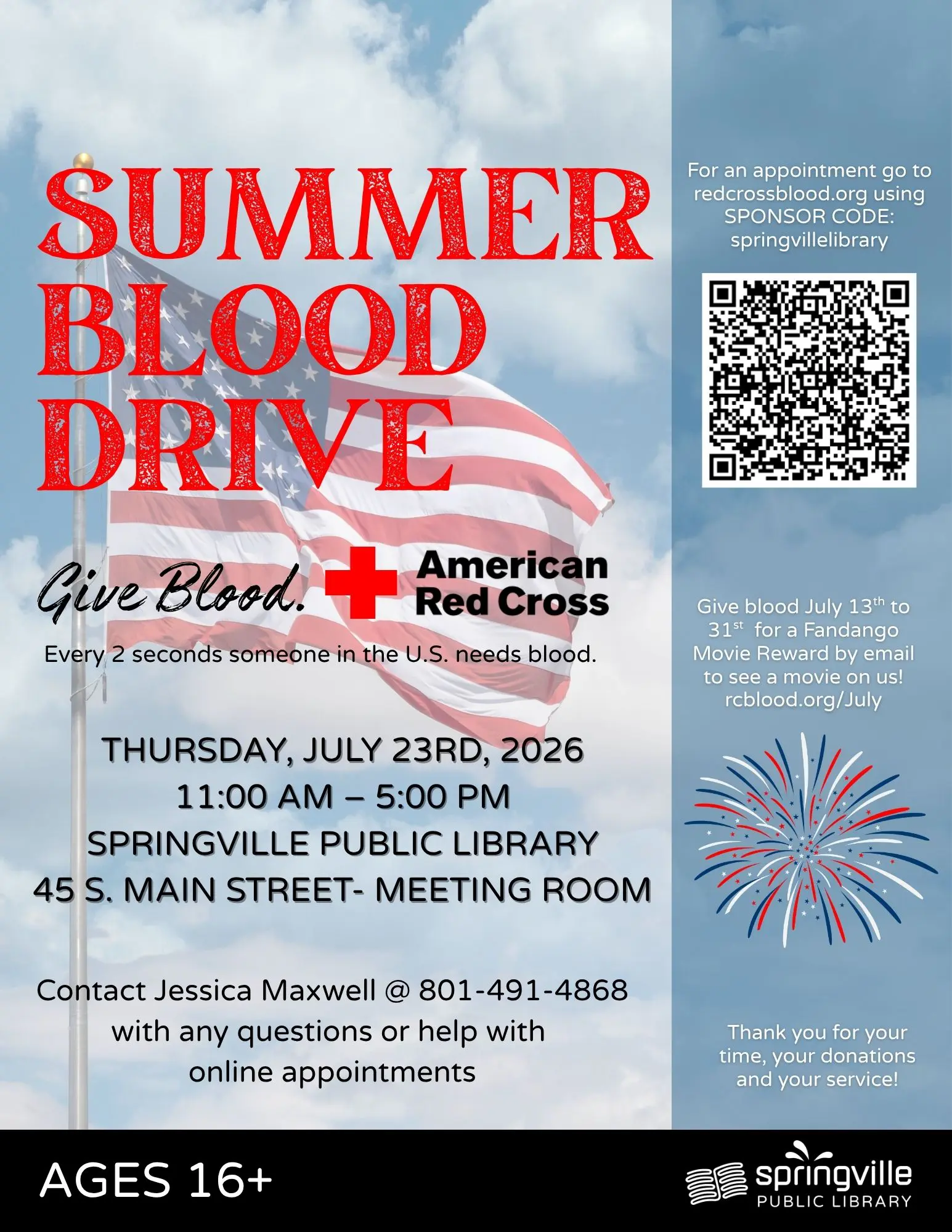 Summer Blood Drive flyer with date, time, location, Red Cross logo, and QR code for appointments.