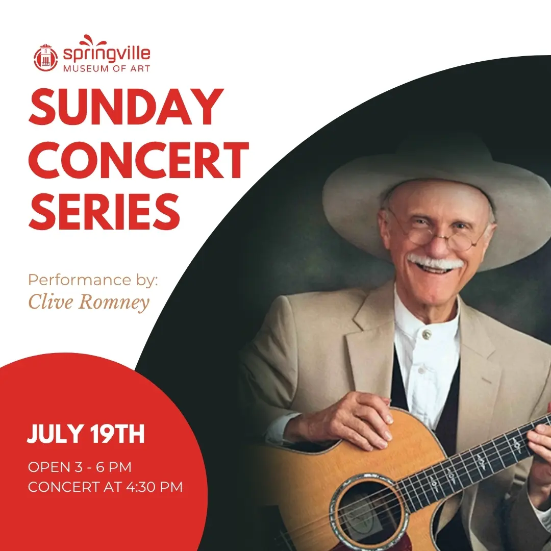 Promotional graphic for the Springville Museum of Art Sunday Concert Series featuring Clive Romney with an acoustic guitar. Concert on July 19. Museum open 3–6 p.m.; concert at 4:30 p.m.