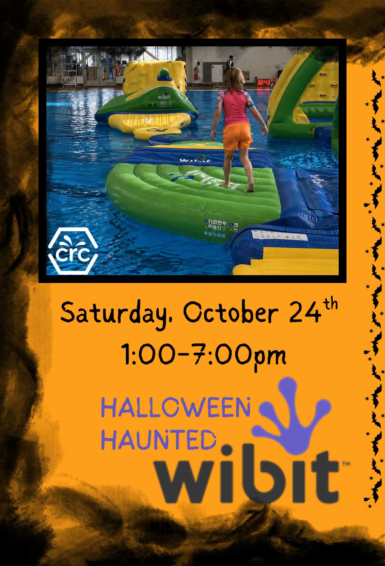 Halloween Haunted WIBIT, Saturday, October 24, 1–7 p.m., featuring an inflatable pool obstacle course.