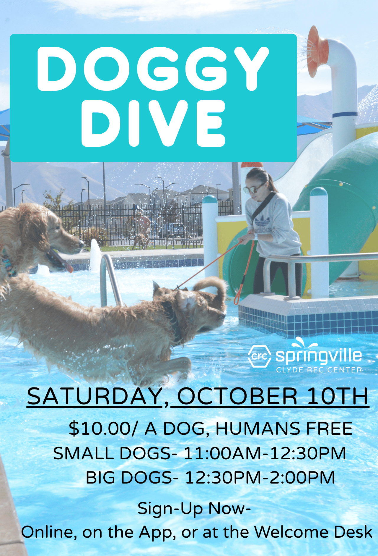Doggy Dive at the Clyde Recreation Center on October 10, with separate swim times for small and big dogs.