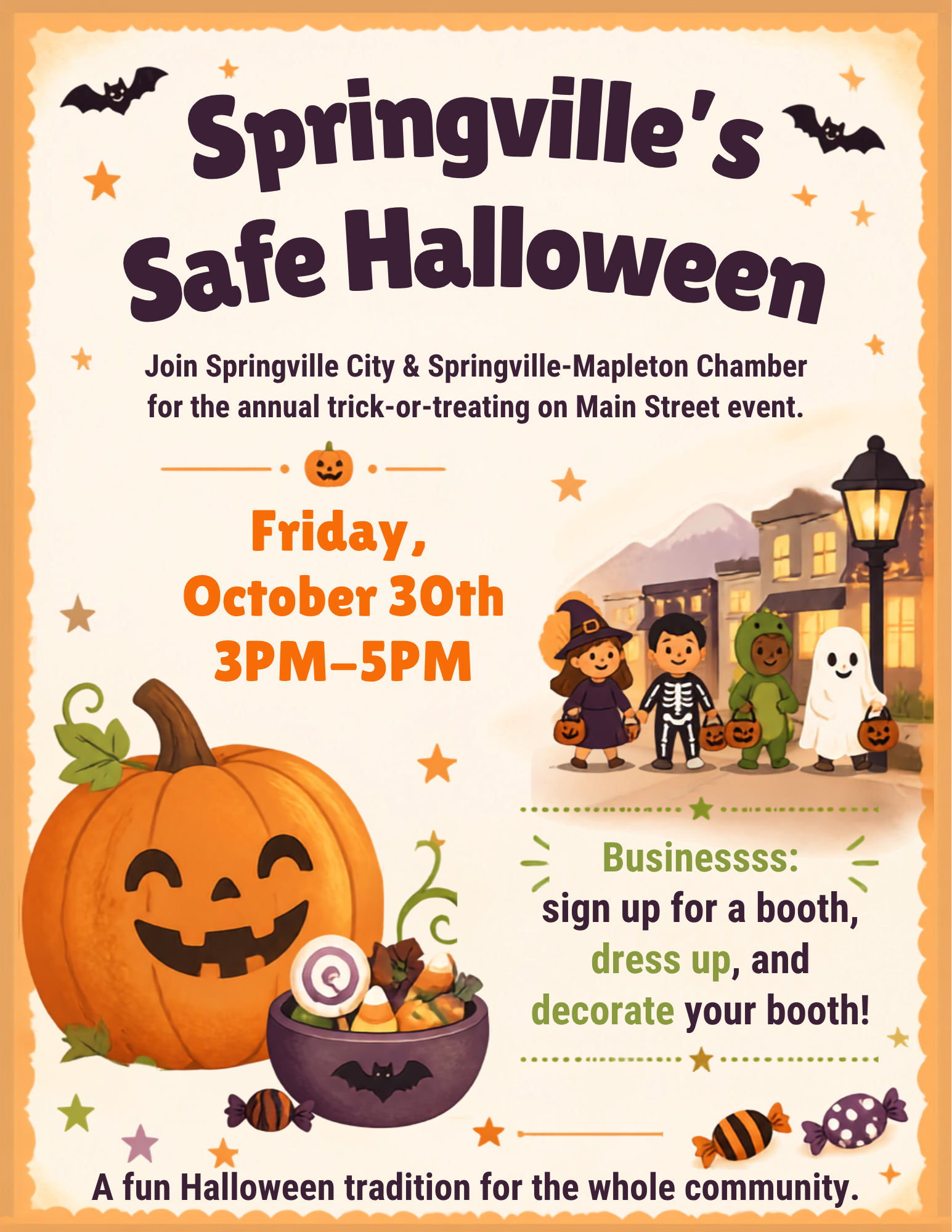 Springville Safe Halloween event flyer for trick-or-treating on Main Street, Friday, October 30, from 3–5 PM.