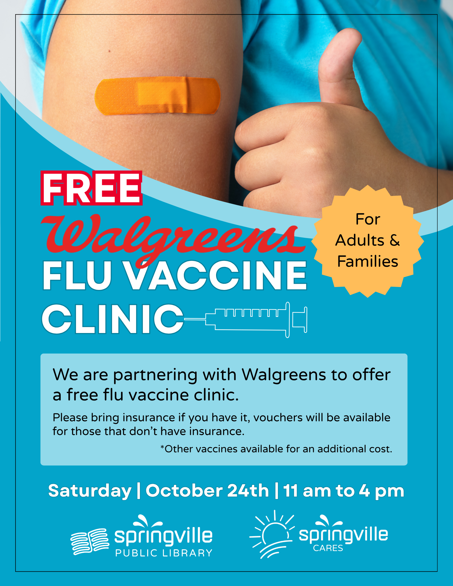Free Walgreens flu vaccine clinic for adults and families on Saturday, October 24, from 11 a.m. to 4 p.m. at Springville Public Library. Bring insurance if available; vouchers provided for uninsured attendees.