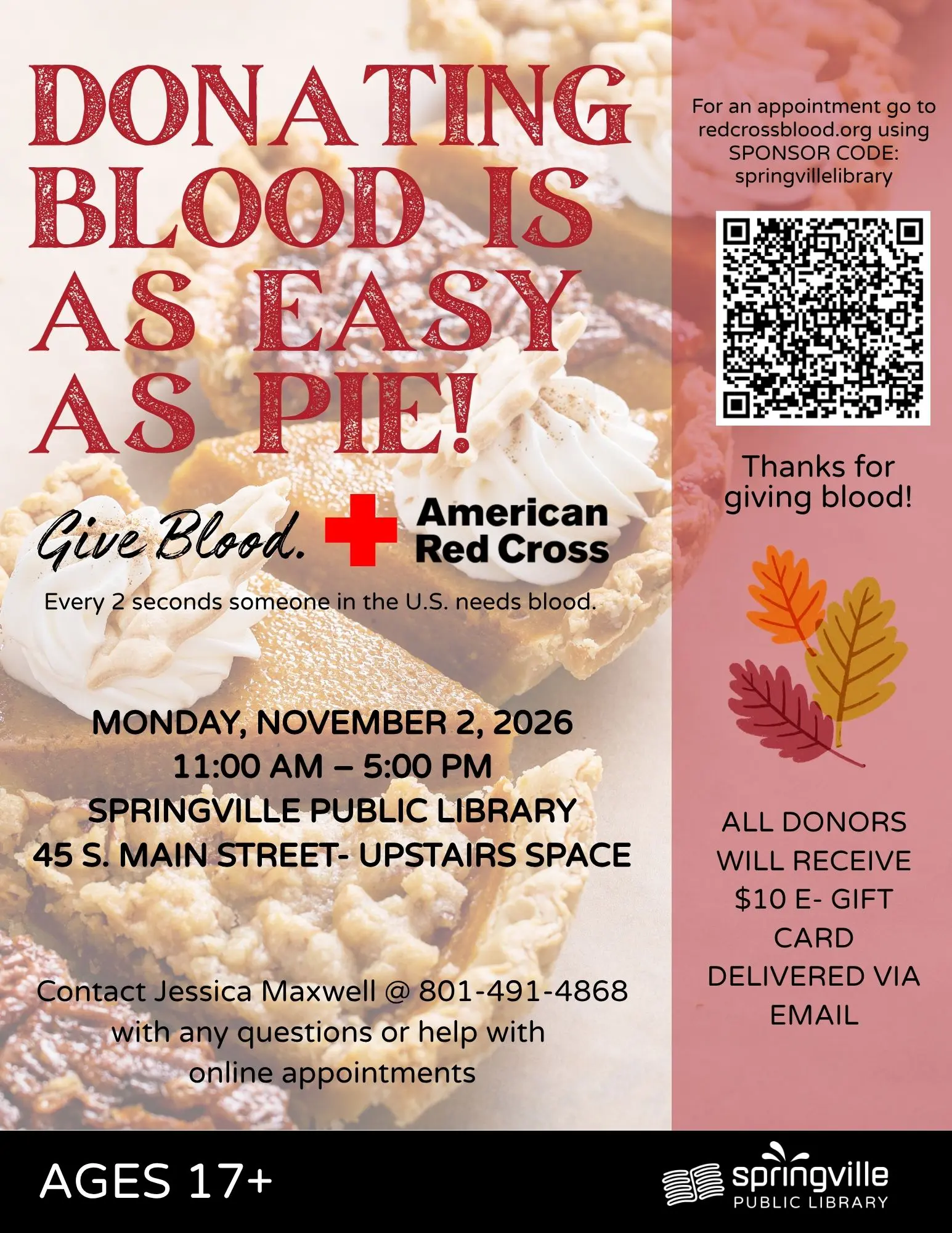 American Red Cross blood drive at Springville Public Library on November 2, 2026, from 11 a.m. to 5 p.m. Donors ages 17 and older receive a $10 e-gift card.