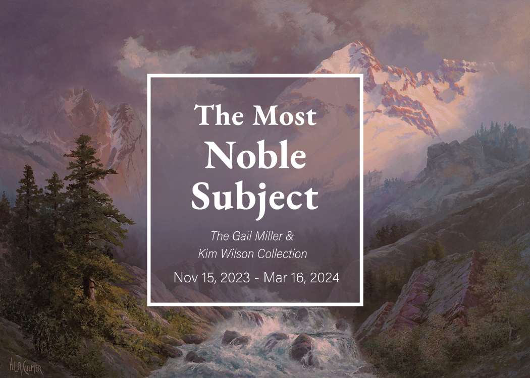 Image depicts a mountain range painting with the title of the art show and show dates.
